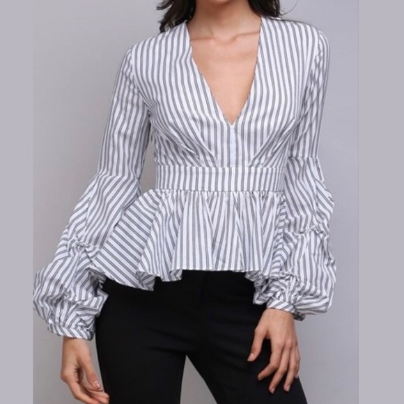 RUFFLE SLEEVE PINSTRIPE BLOUSE - Picture 2 of 8
